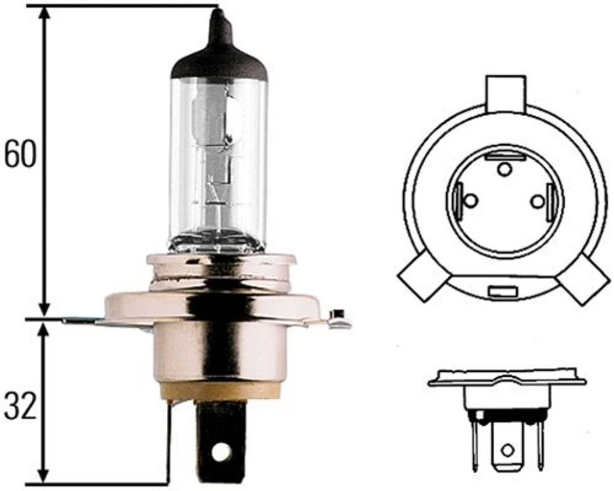 H4 halogen bulb 12V 100/80W with P43t base and contact diagram
