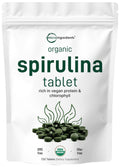 Organic spirulina tablet supplement pouch with green tablets illustration, 720 tablets
