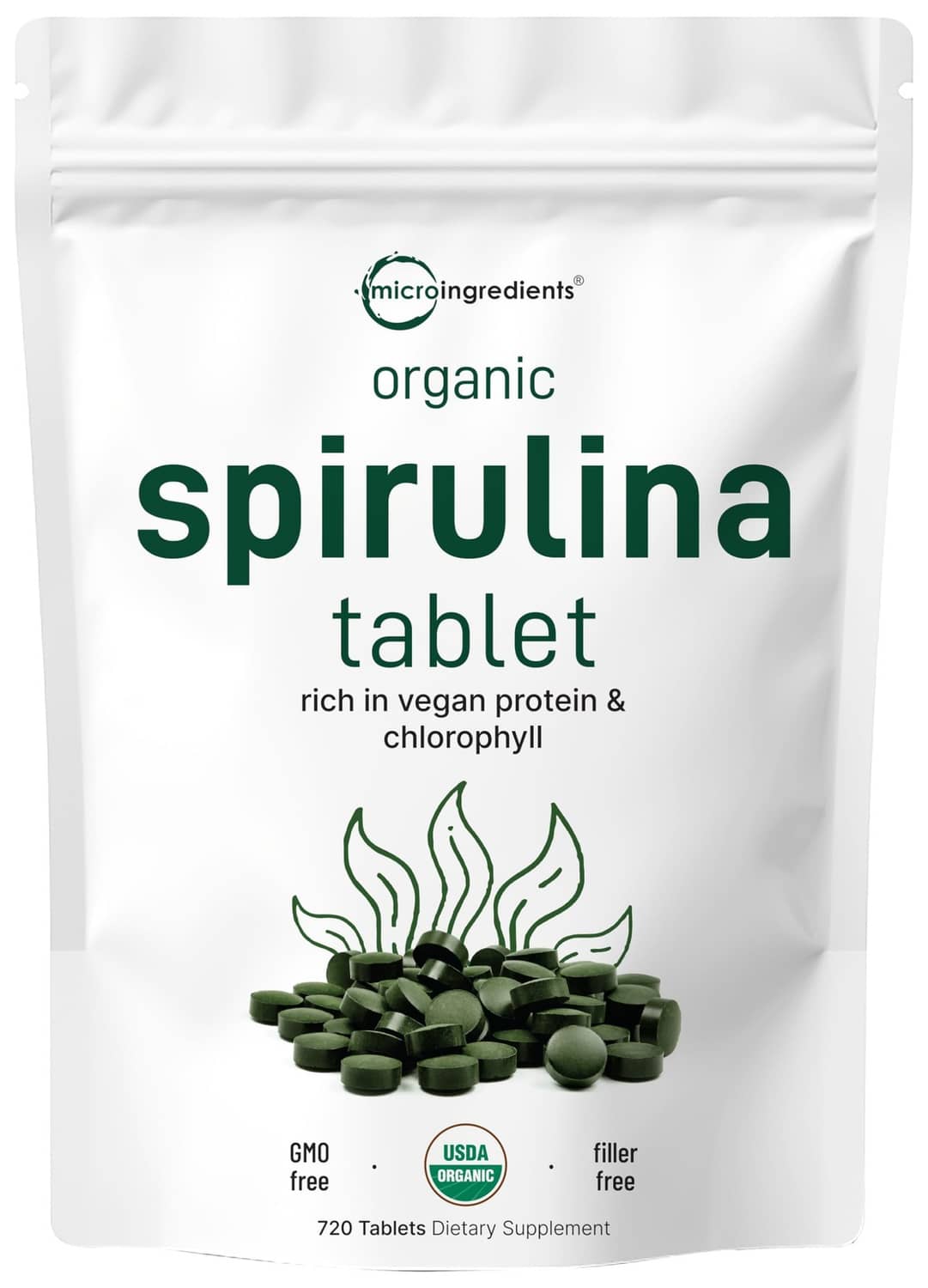 Organic spirulina tablet supplement pouch with green tablets illustration, 720 tablets