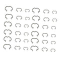 Set of dark gray metal quick connector clips, multiple U-shaped pieces