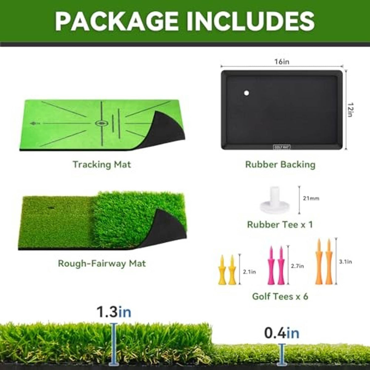 Golf practice mat components: green tracking panel, black rubber backing, and silicone tees