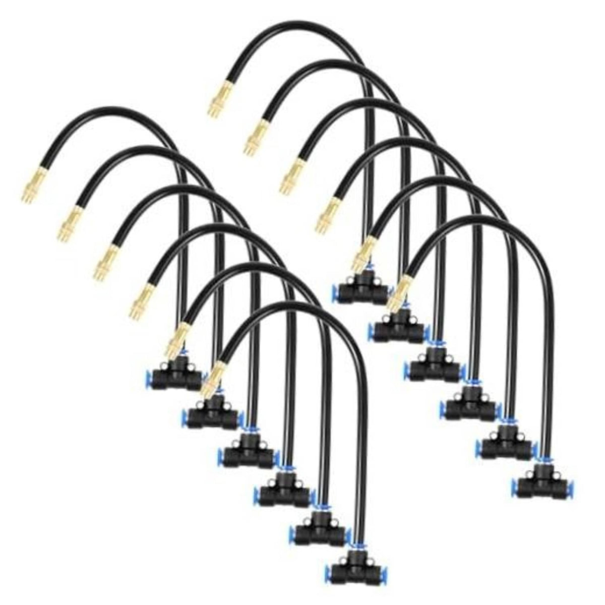 Set of brass misting nozzles with black hoses and blue valve fittings, 12-piece