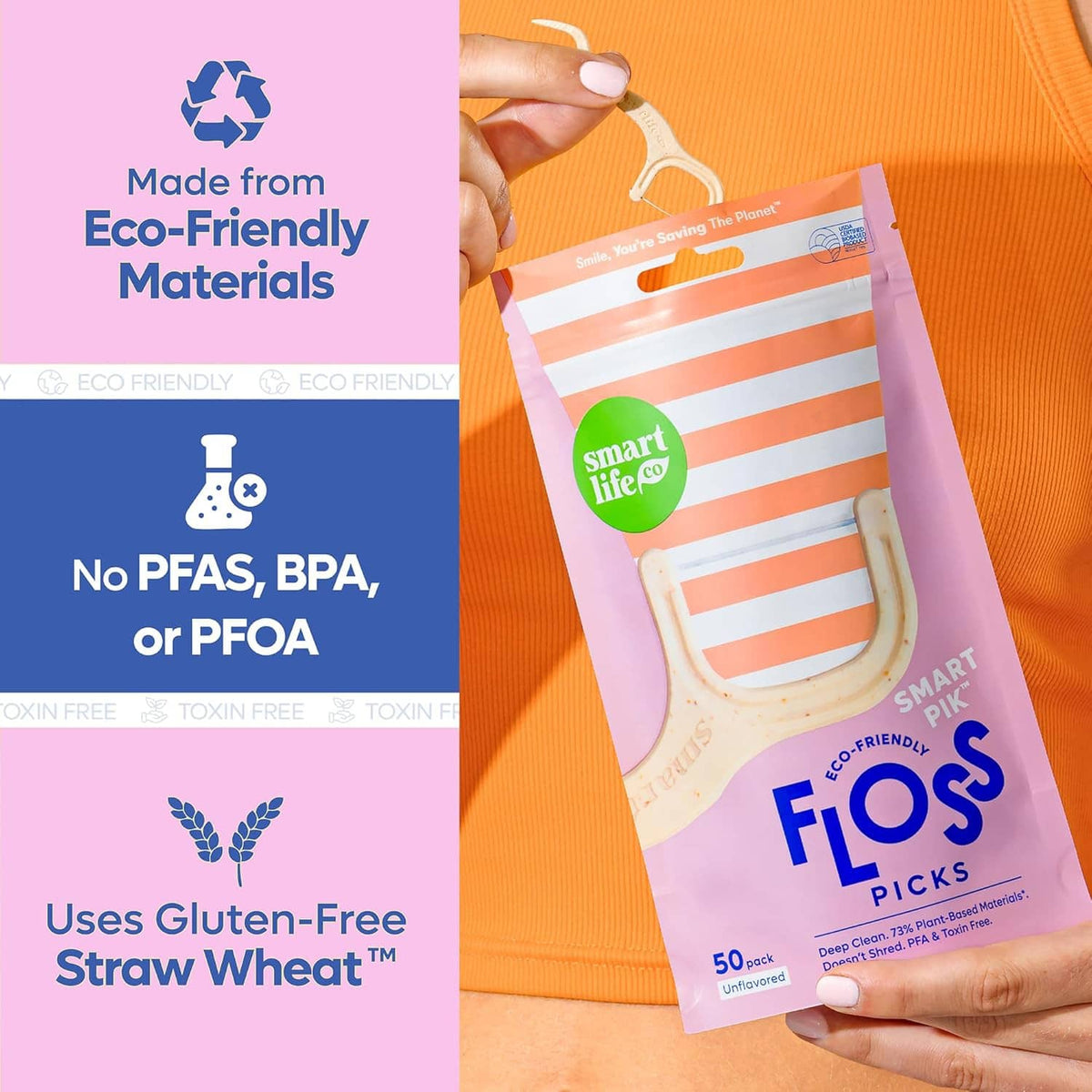Eco-friendly floss pick pouch with beige U-shaped handle, straw wheat blend