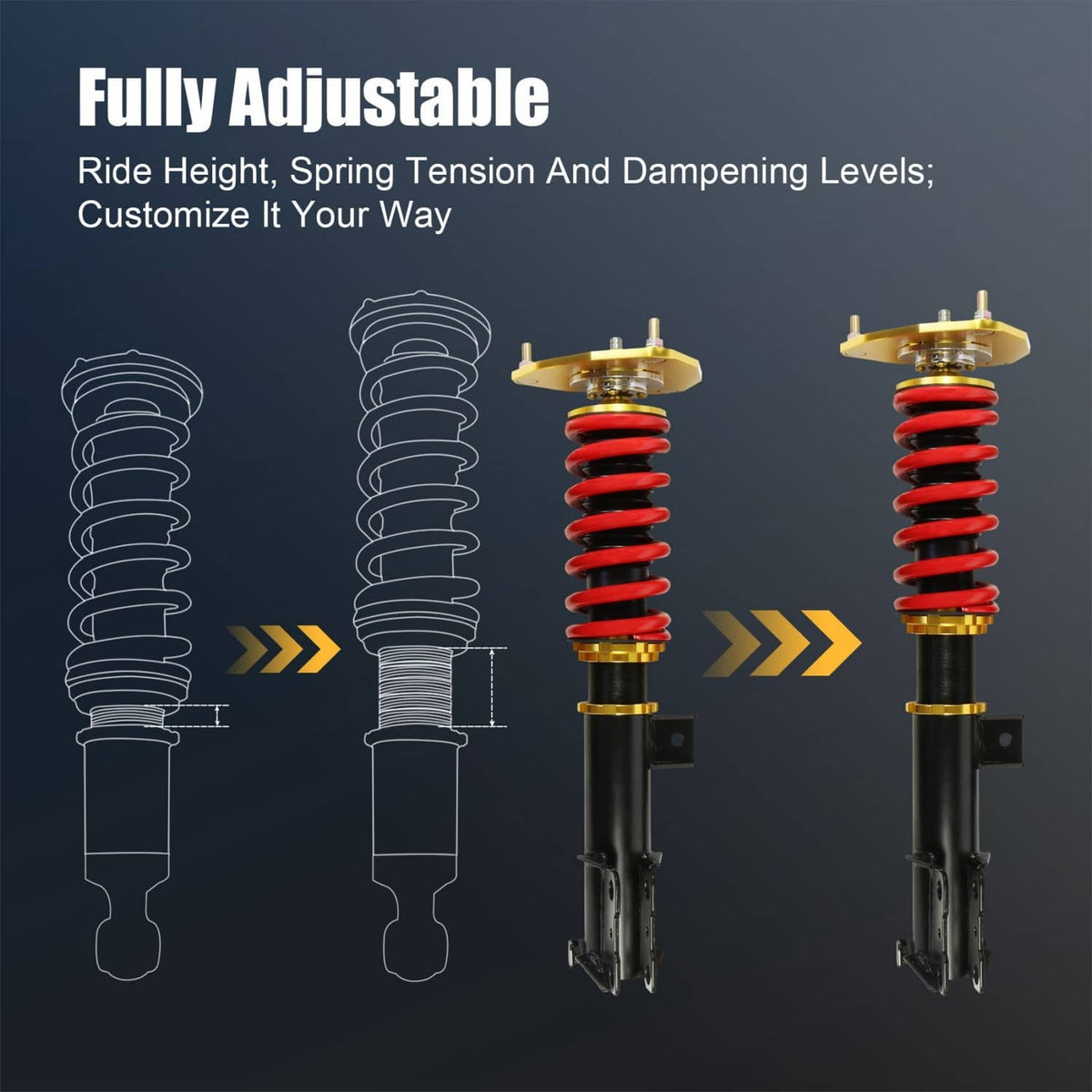 Fully adjustable coilover shocks with red springs and gold top mounts on black struts