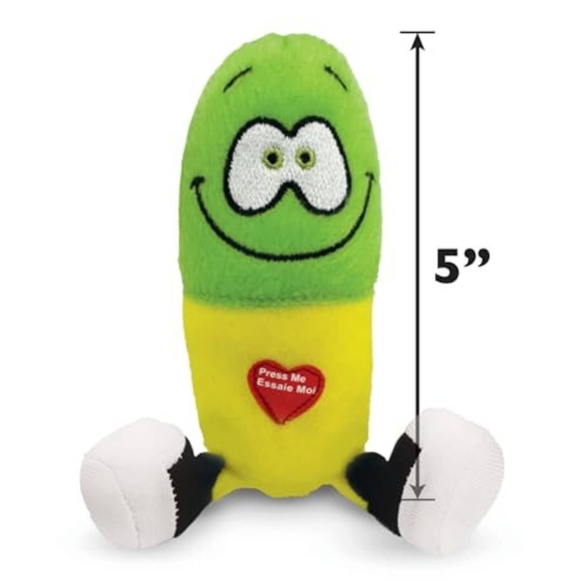 Green and yellow Happy Pill plush with white face and black smiling eyes
