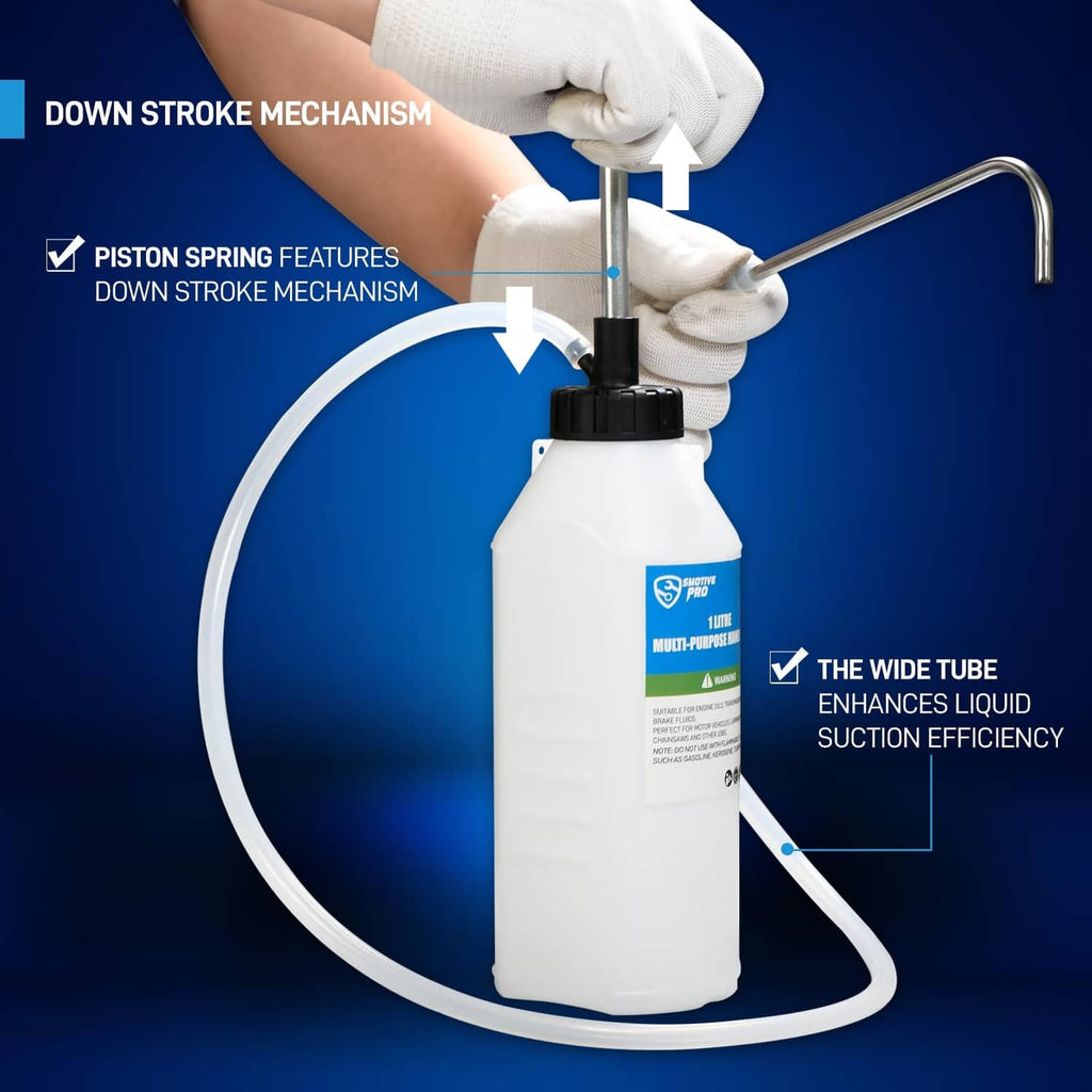 Hand oil pump with down-stroke handle, white bottle, black cap, and wide tube