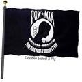 Black double-sided POW*MIA outdoor flag with white graphic and text, on pole