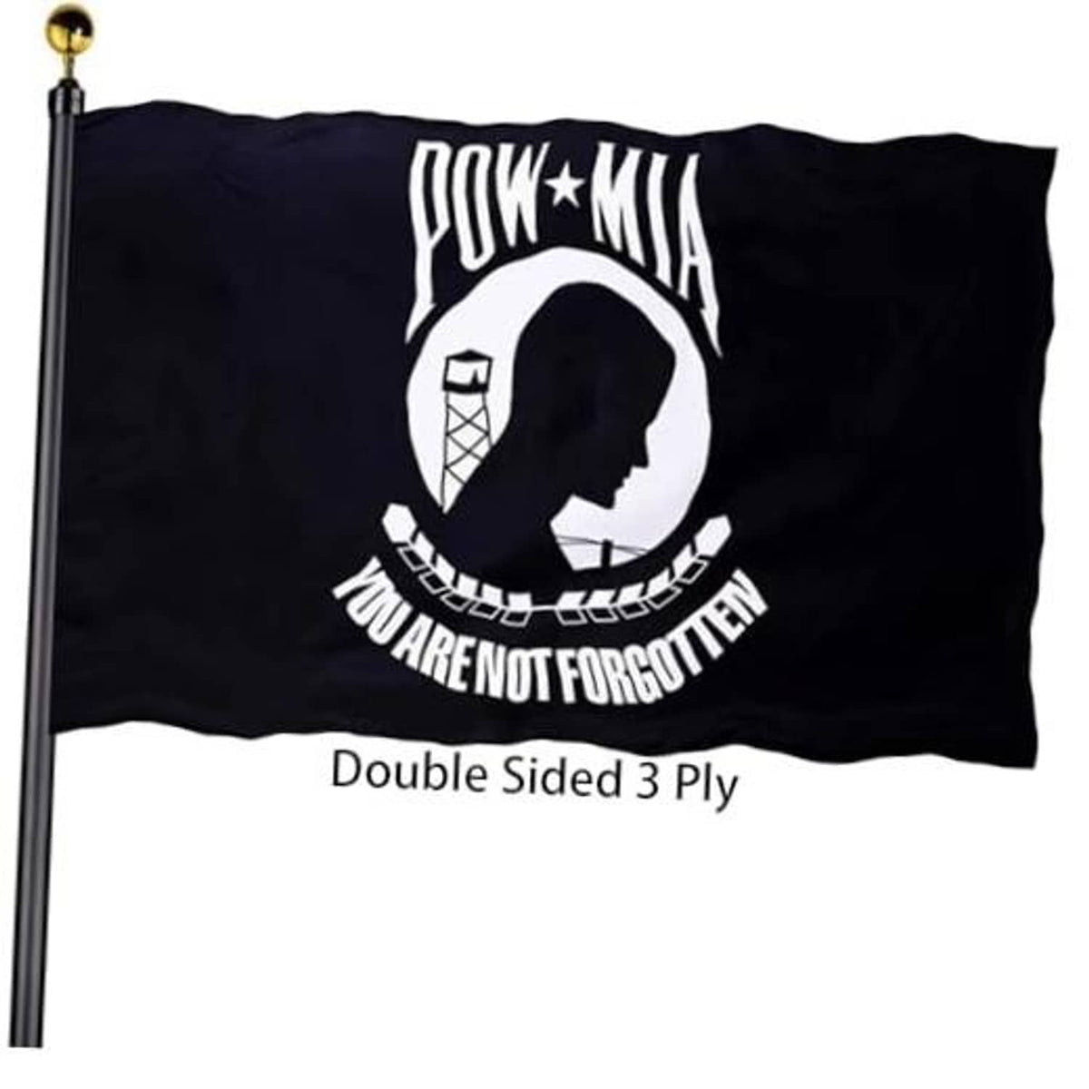 Black double-sided POW*MIA outdoor flag with white graphic and text, on pole
