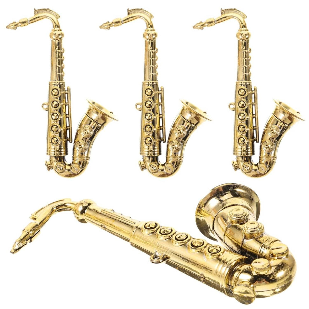Mini gold plastic saxophone model set, three upright saxophone figures