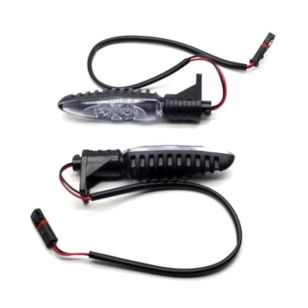 Motorcycle front LED turn signal light pair with clear lenses, black housings, and cable wiring