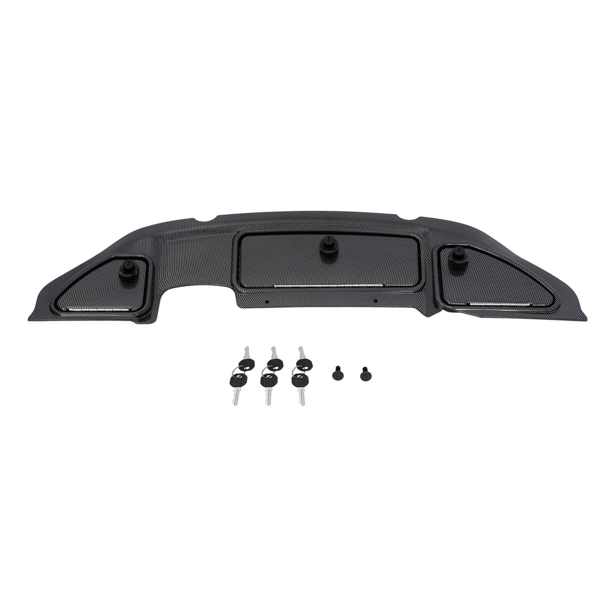 Dark carbon fiber dash kit panel with central display opening and side mounting tabs