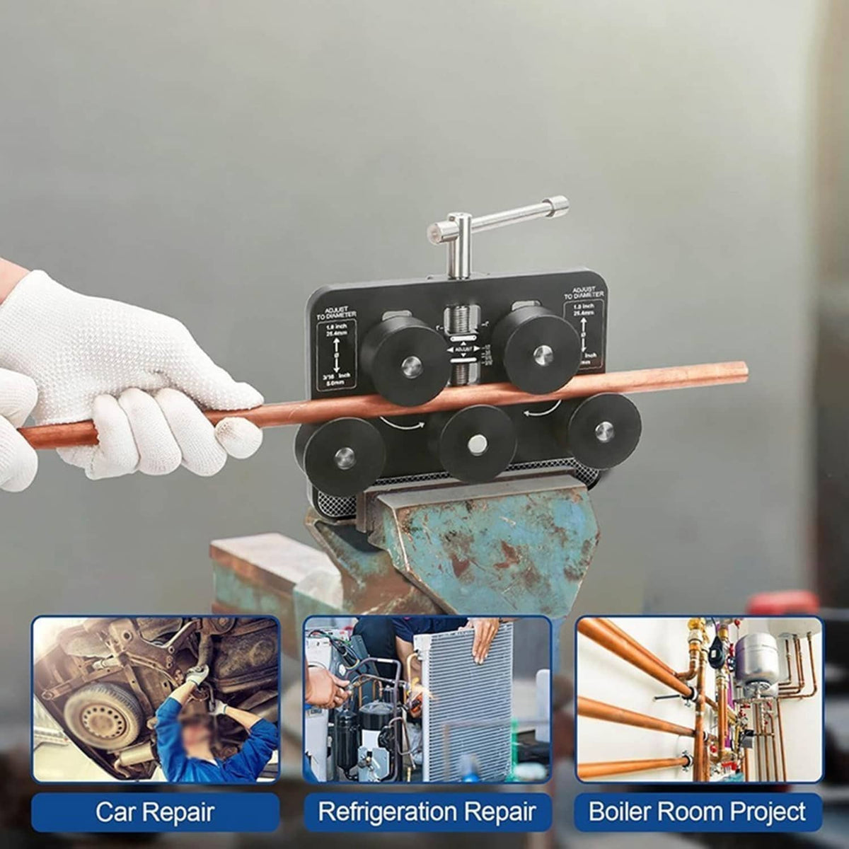 Tube straightener used on a copper brake line by gloved hands