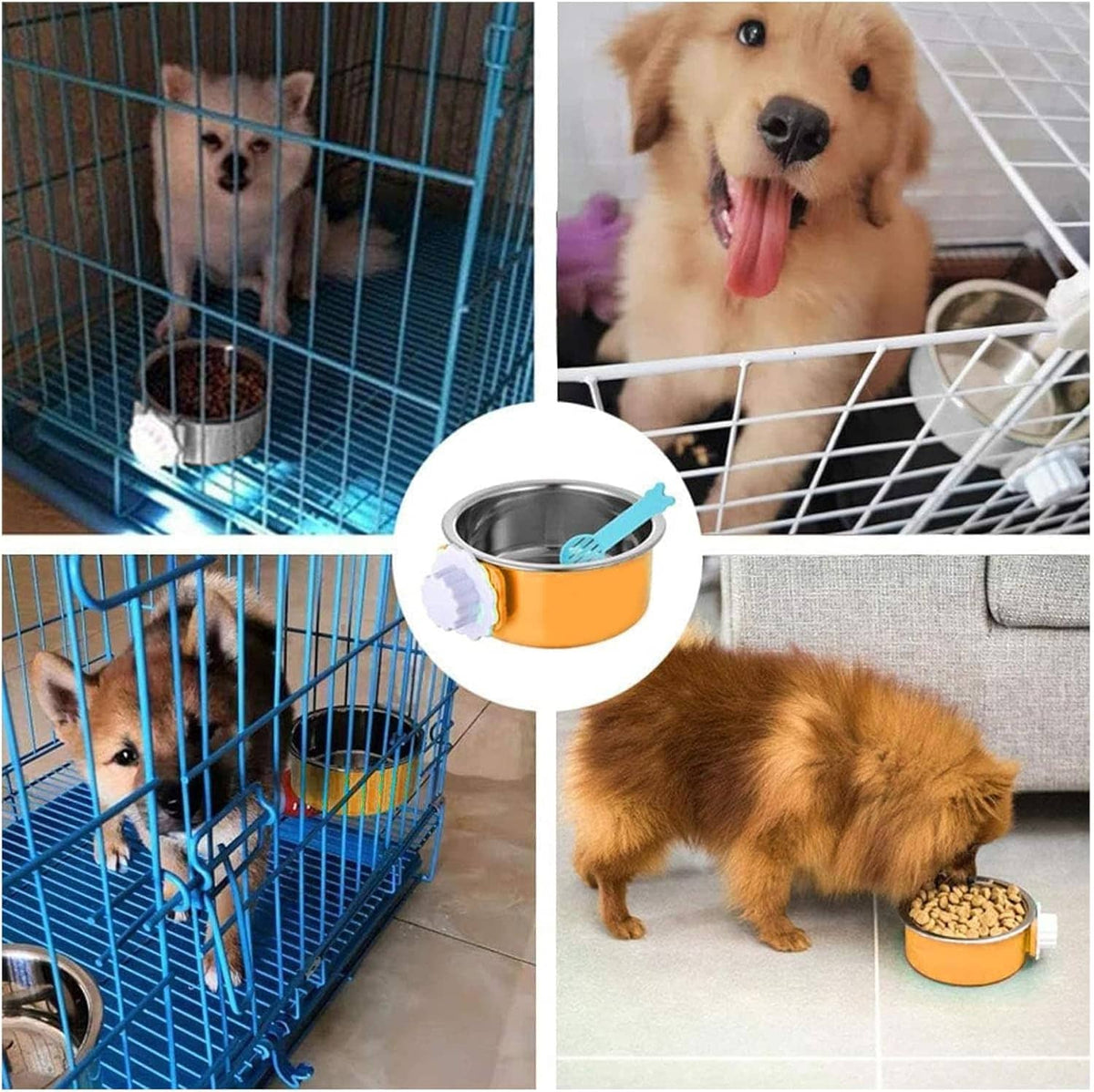 Two orange hanging dog bowls with stainless steel inserts in a pet crate