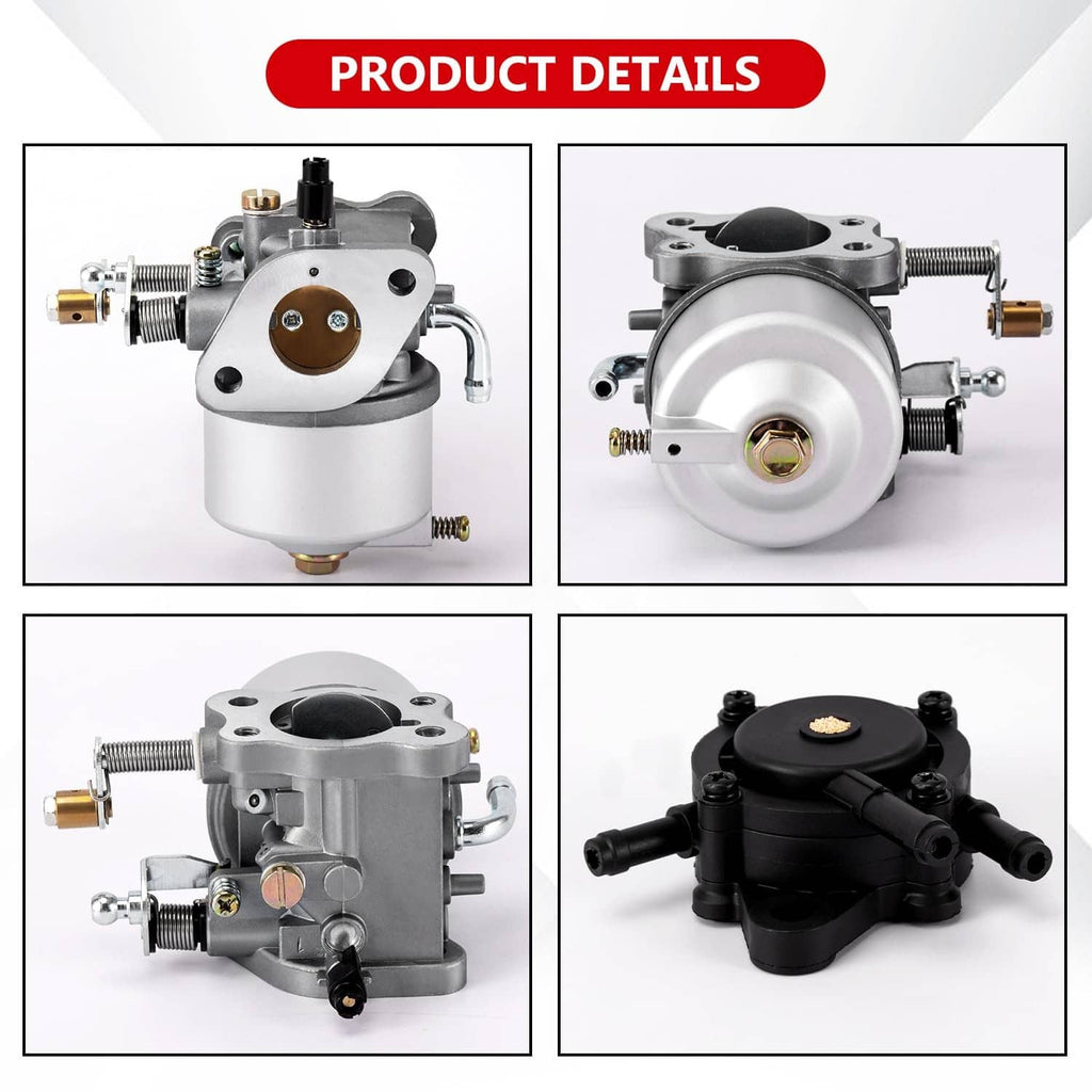 Carburetor product detail collage showing multiple views of silver body and black cover