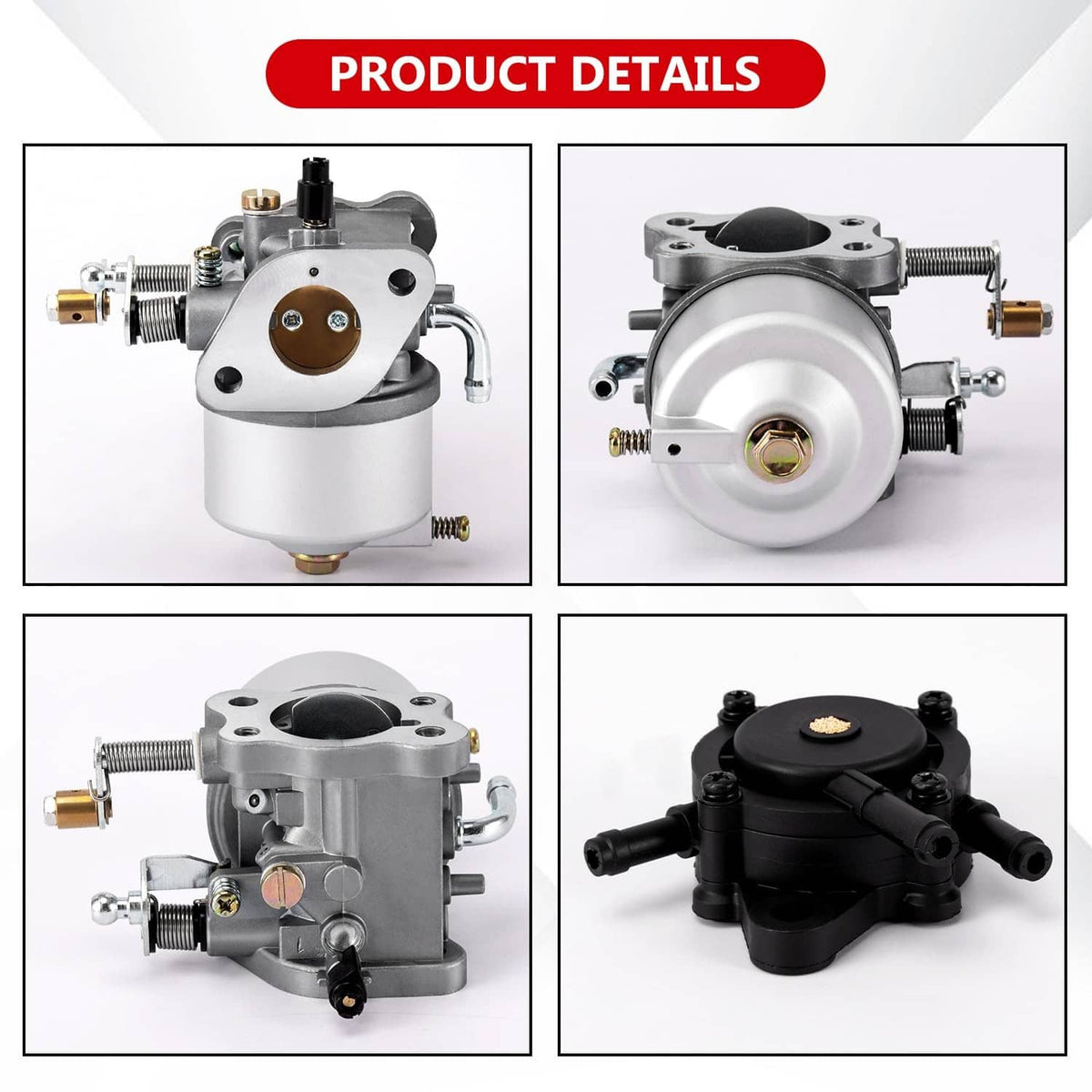 Carburetor product detail collage showing multiple views of silver body and black cover