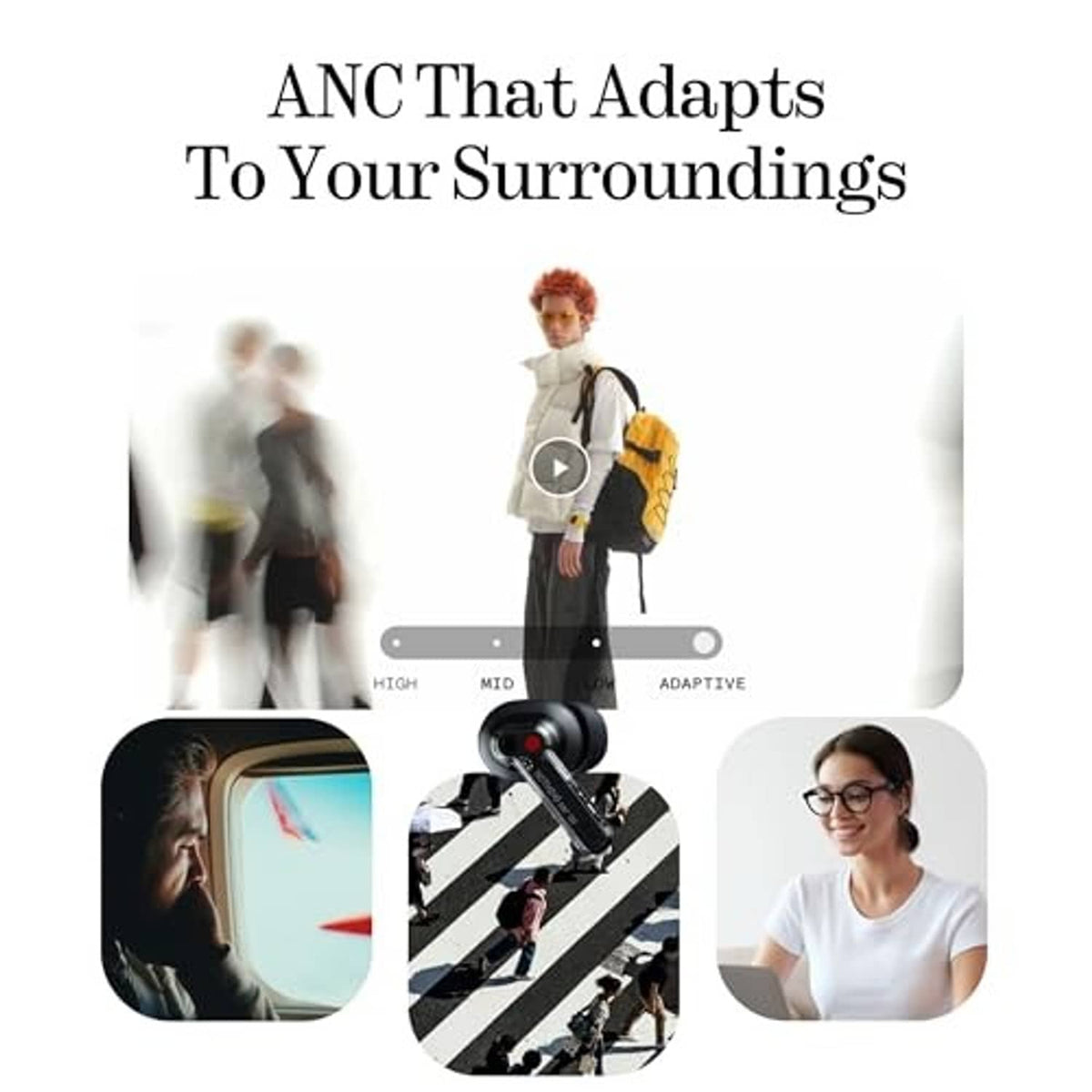 Wireless earbuds and charging case with adaptive noise cancelling icons