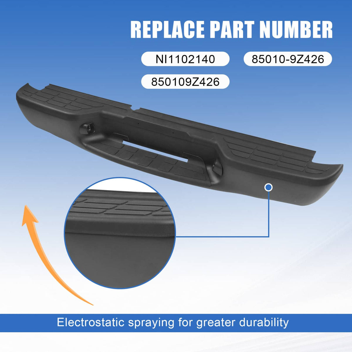 Black rear step bumper cover with textured tread surface and mounting holes