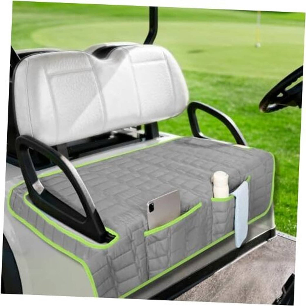 Gray universal golf cart bench seat cover with quilted padding and green piping