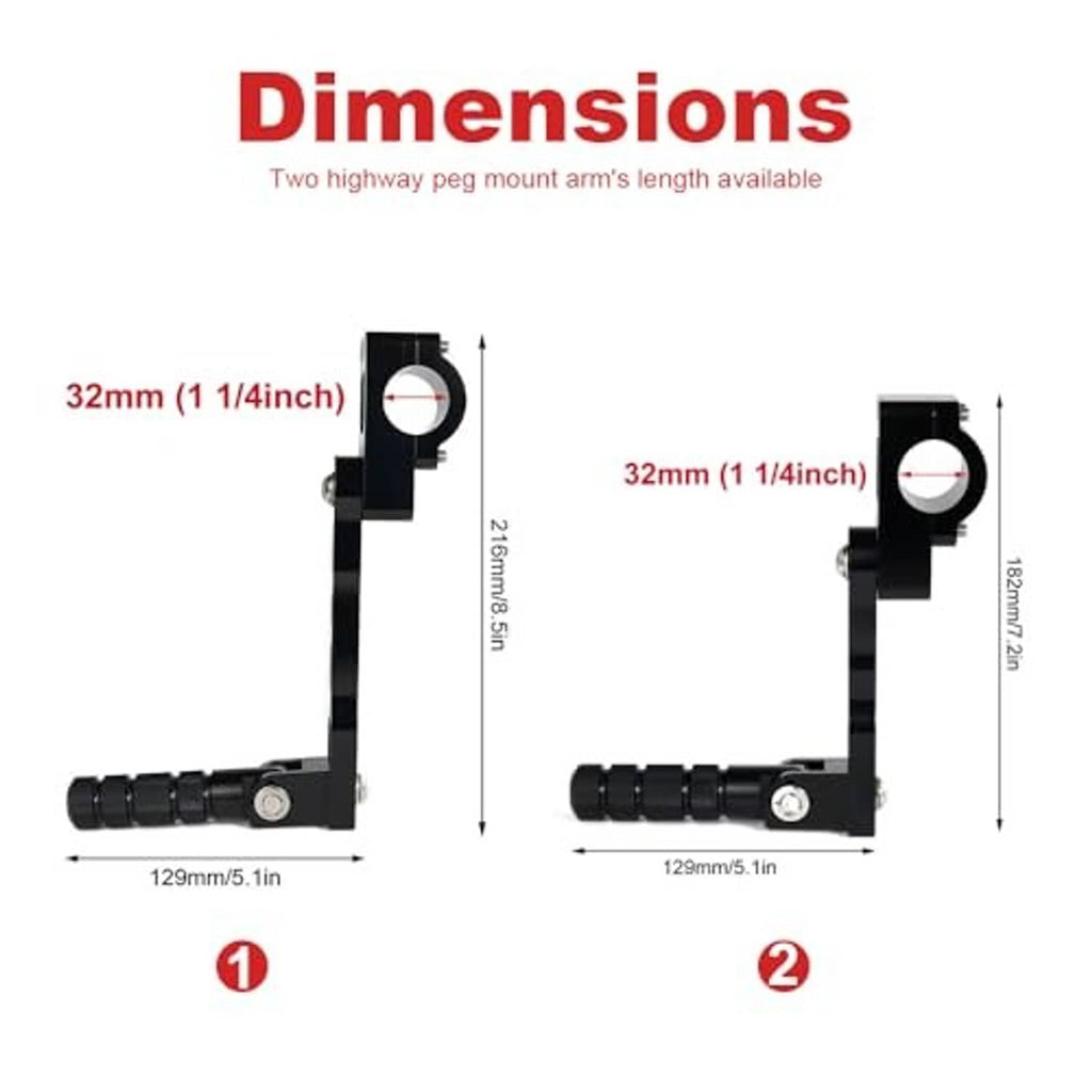 Motorcycle foot peg mount arm length diagram with black bracket and textured pedal