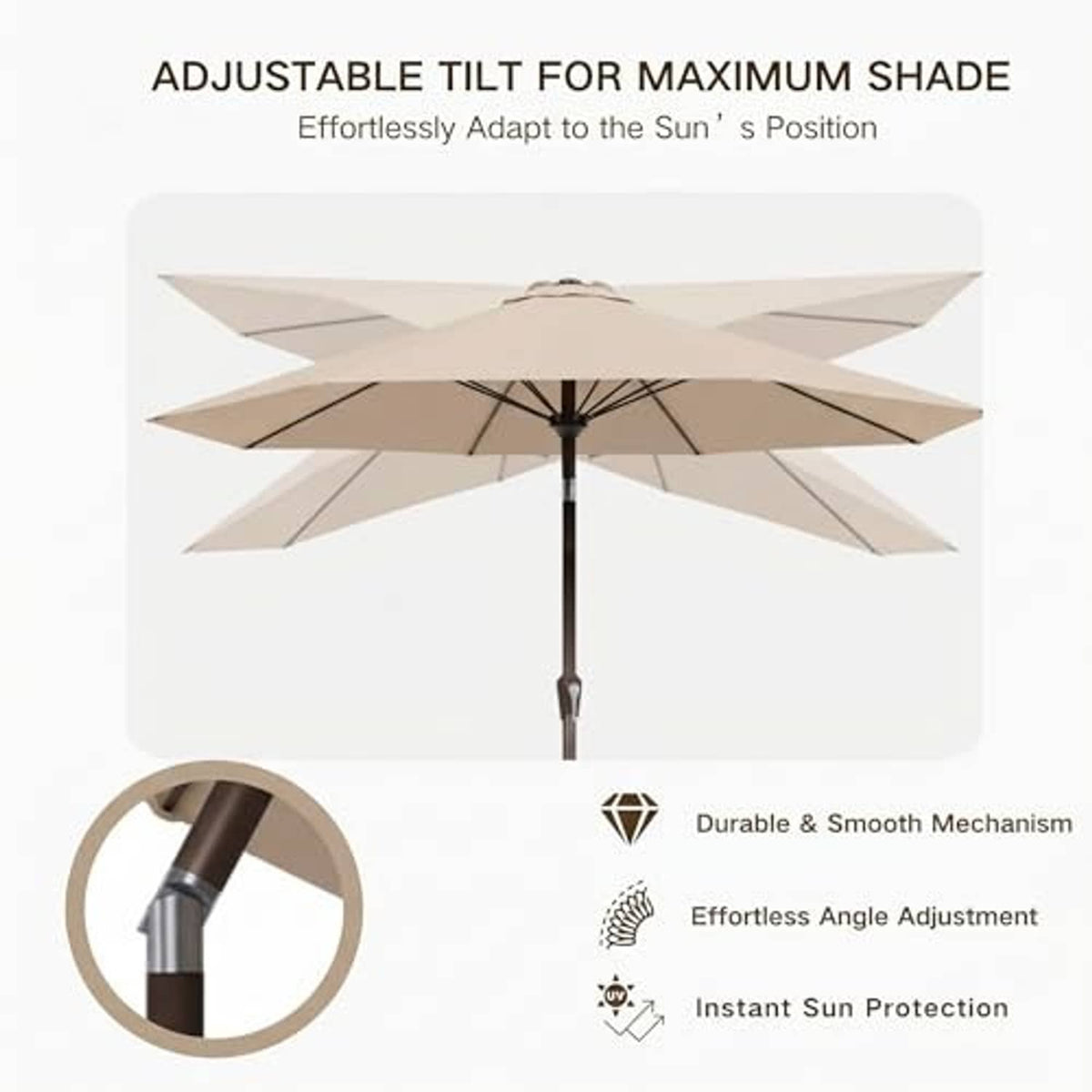 Beige patio umbrella with open cross-rib canopy and adjustable tilt pole mechanism