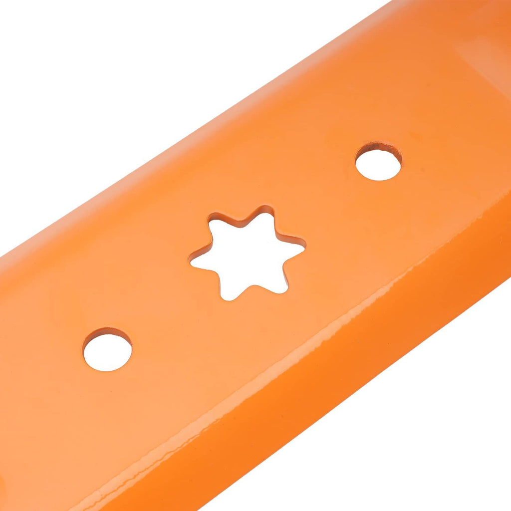 Orange mower blade close-up with 6-point star cutout and round mounting holes