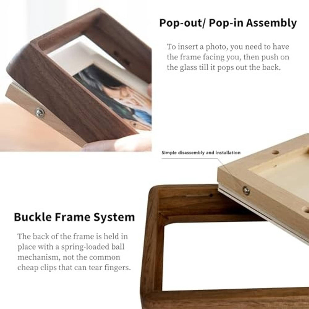 Walnut wood picture frame with hinge-style back opening and clear cover, angled view