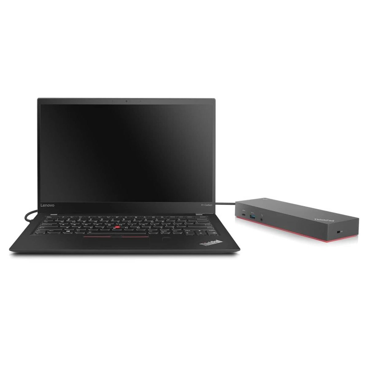 Laptop with Lenovo ThinkPad hybrid USB-C/USB-A dock connected, black