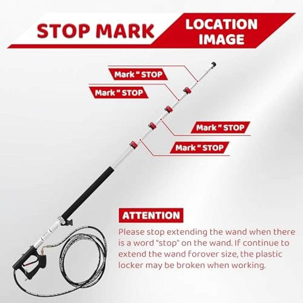 Telescoping pressure washer wand with stop marks and extension lock for safe usage