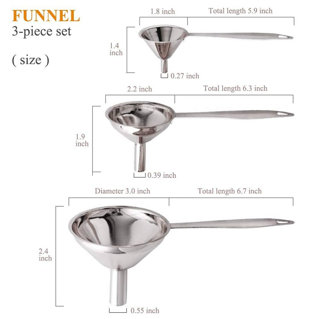 Three-piece silver metal funnel set with long handles and cone sizes