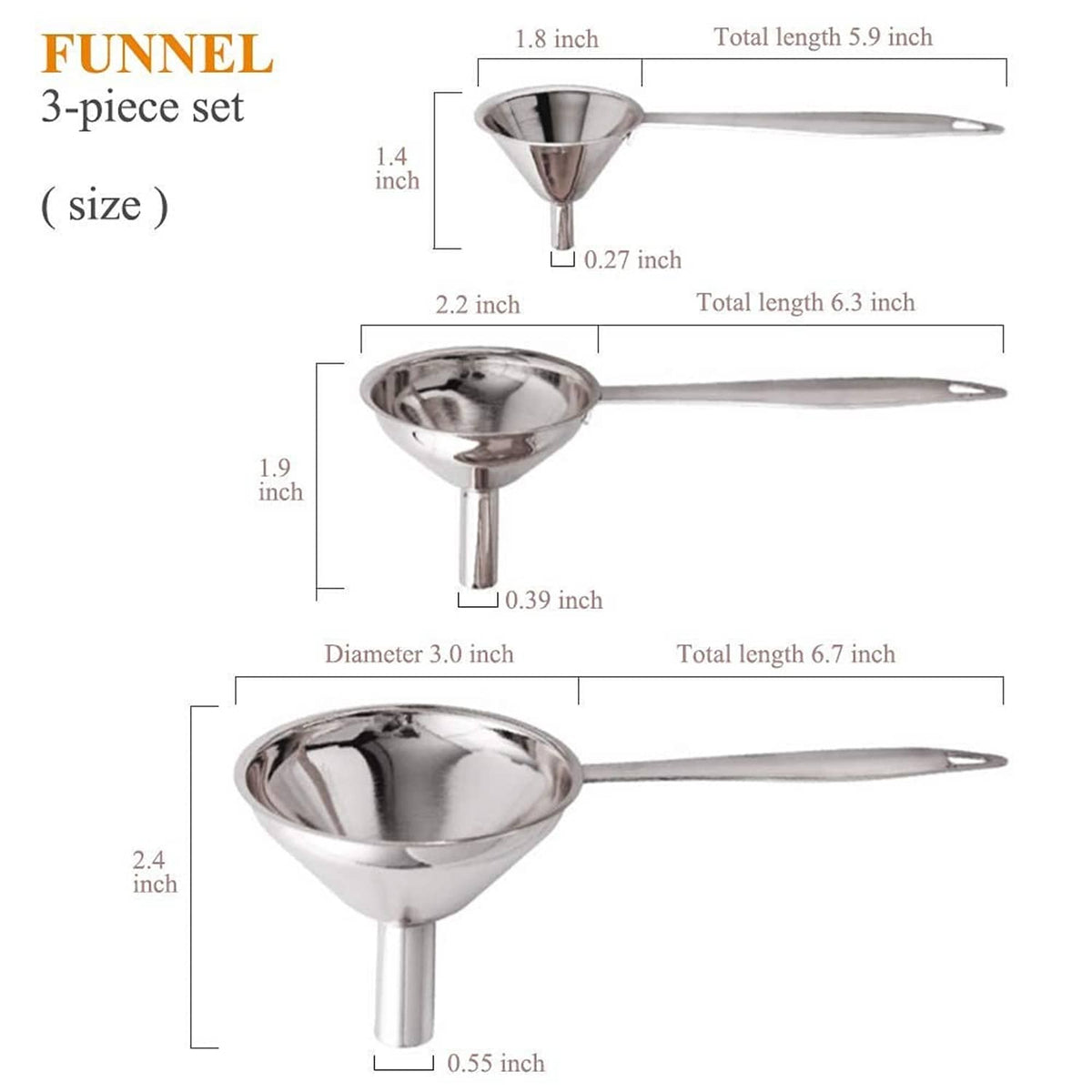 Three-piece silver metal funnel set with long handles and cone sizes