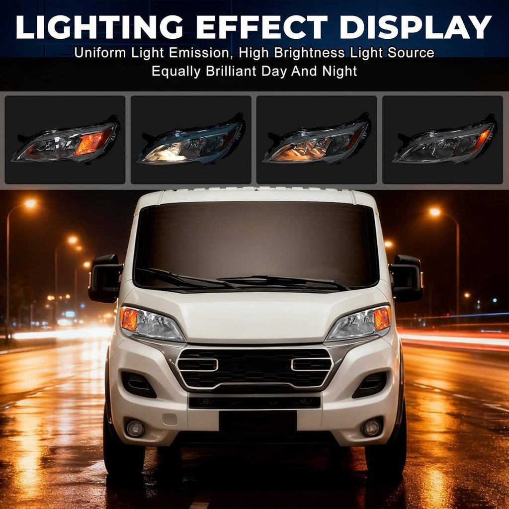 Front view of a white van with left halogen headlight illuminated on rainy street.