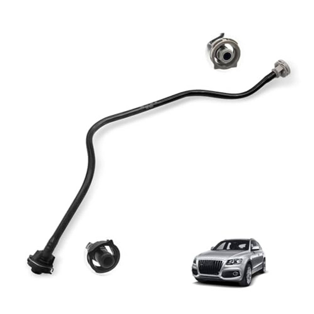 Black coolant overflow hose with two metal end connectors, long curved shape