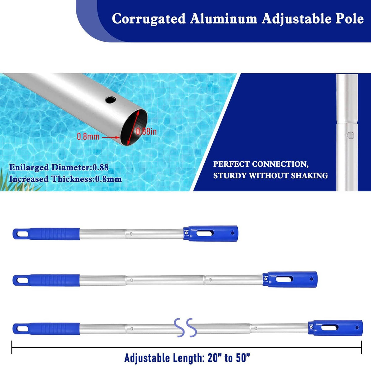 Corru?gated aluminum adjustable pole with blue connector ends