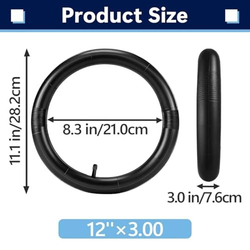 Black 12 in x 3.00 rear inner tube with valve stem, circular ring with measurements.