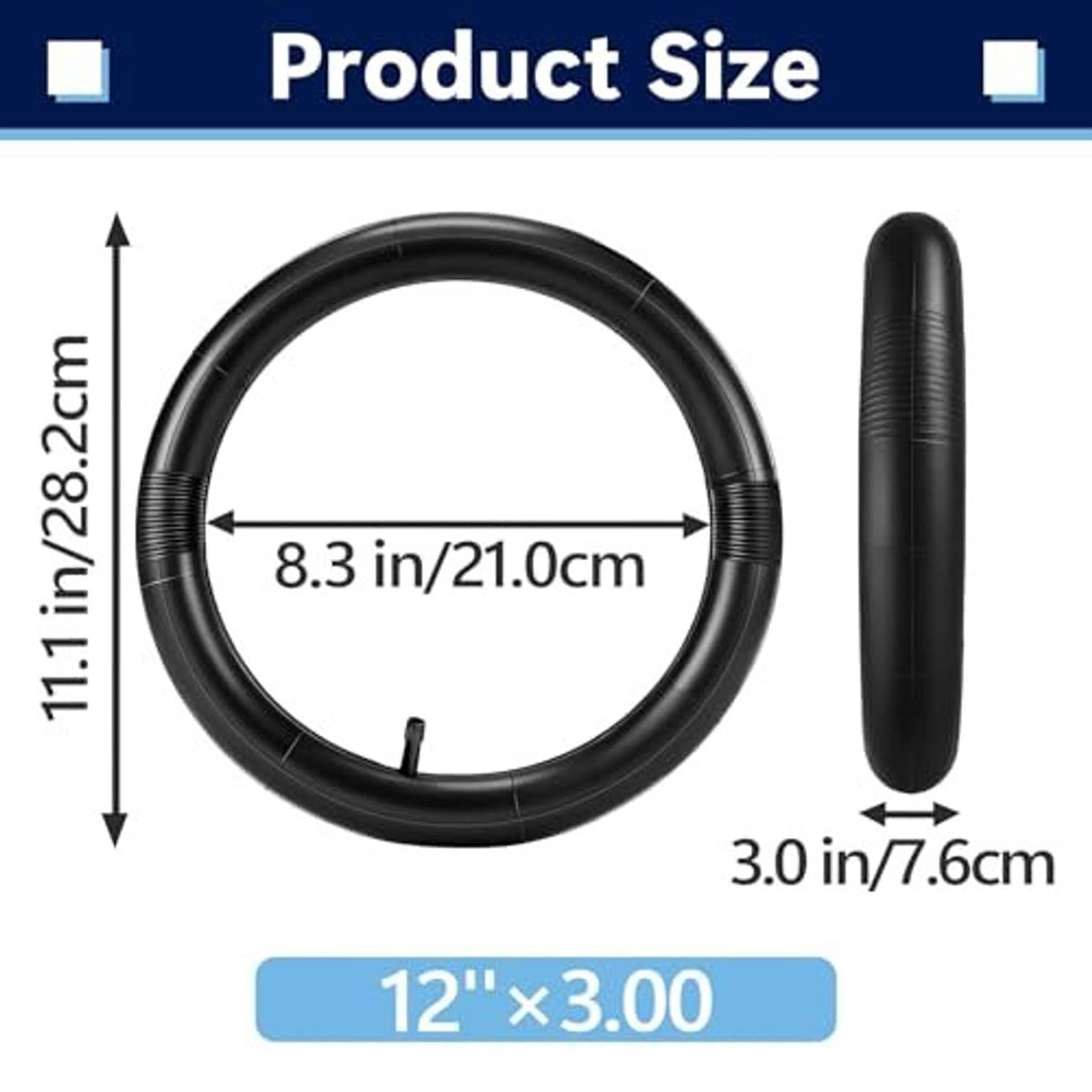 Black 12 in x 3.00 rear inner tube with valve stem, circular ring with measurements.