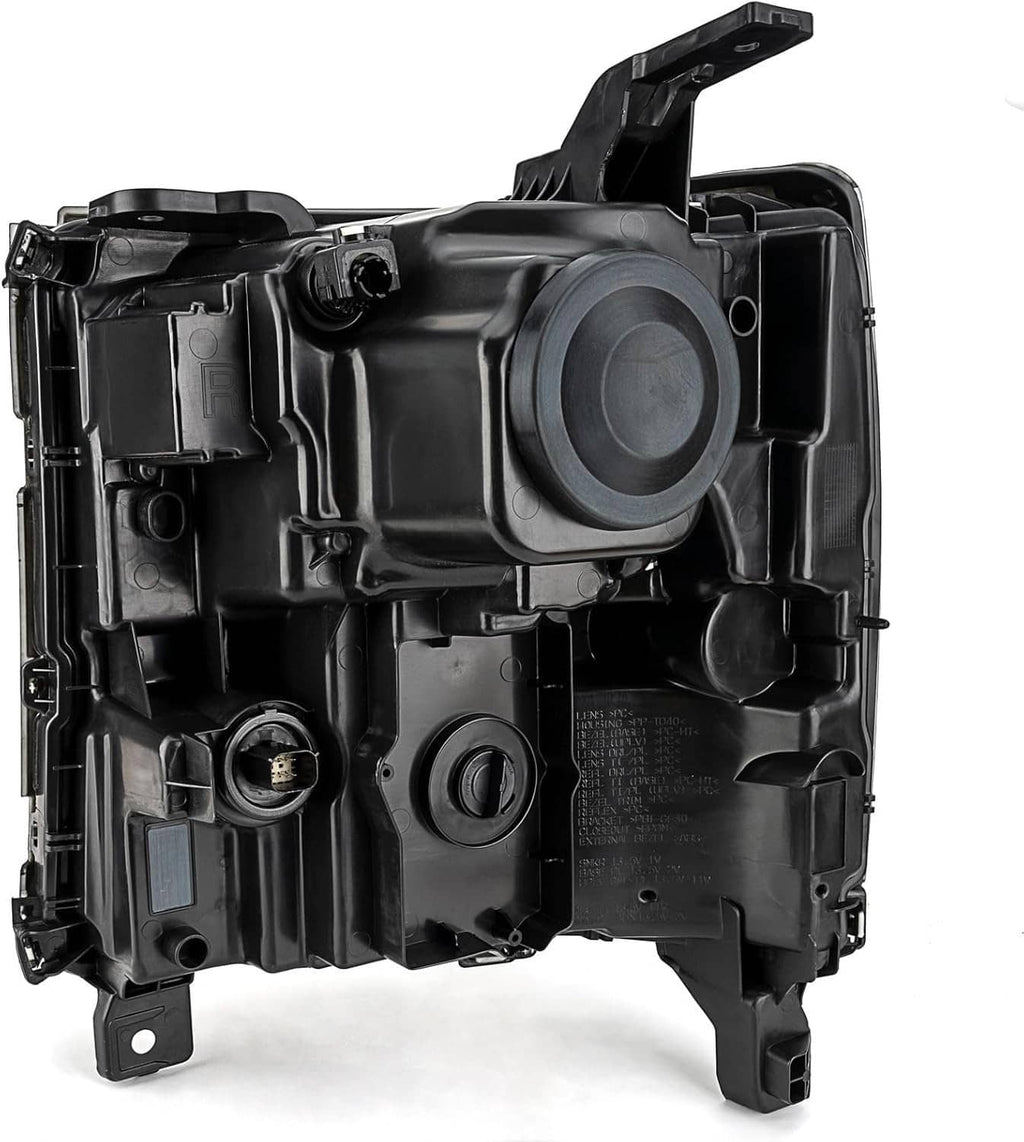 Black headlight assembly rear view with mounting points and bulb socket