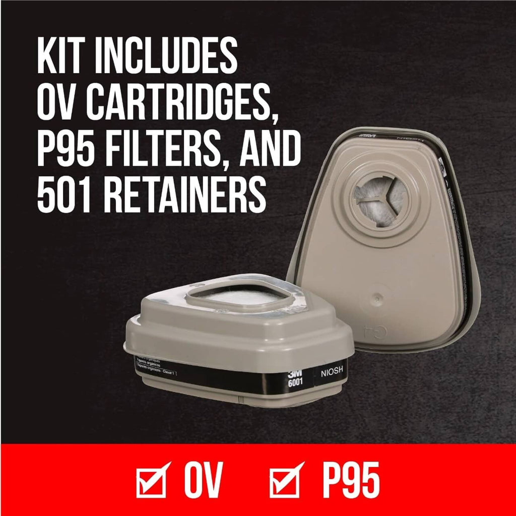 Half-face respirator kit with OV cartridges, P95 filters, and 501 retainer in tan