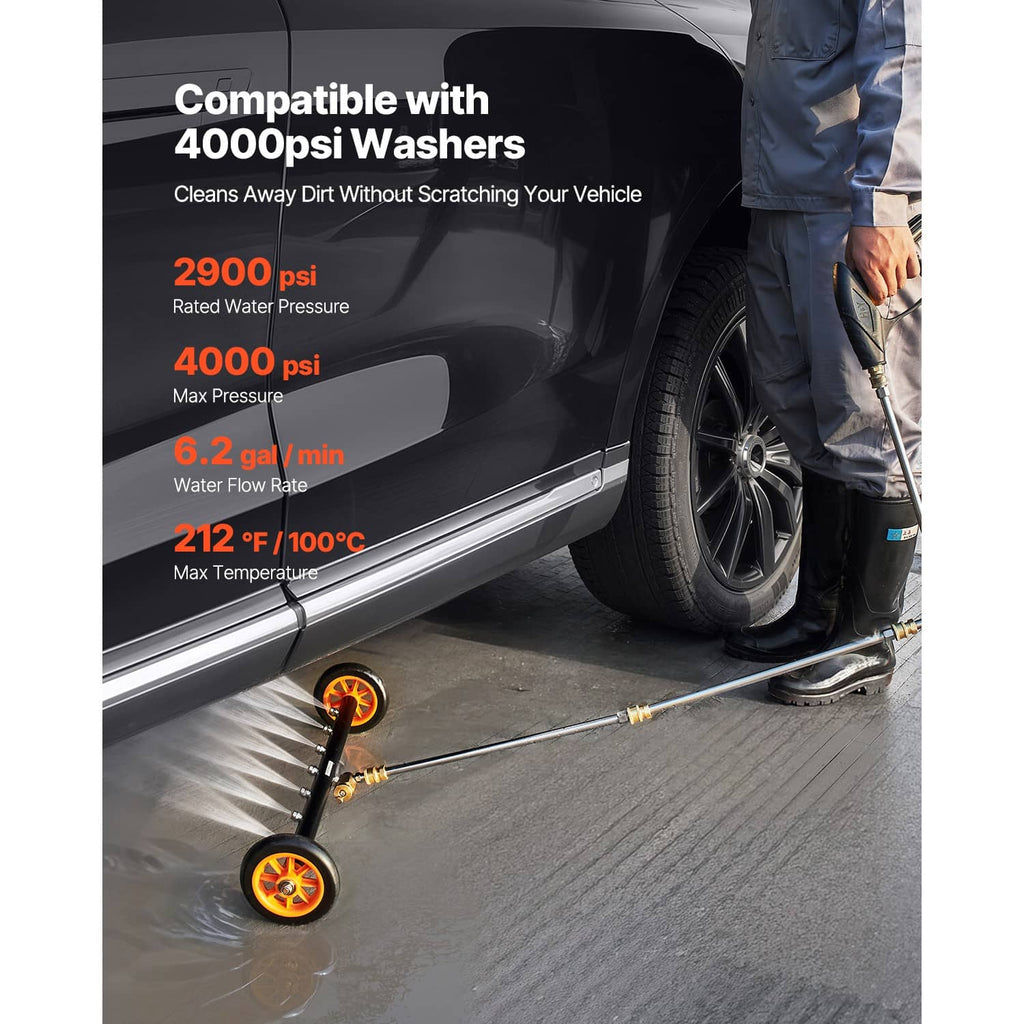Undercarriage cleaner with orange wheels and angled wand for cleaning vehicle tires and underbody