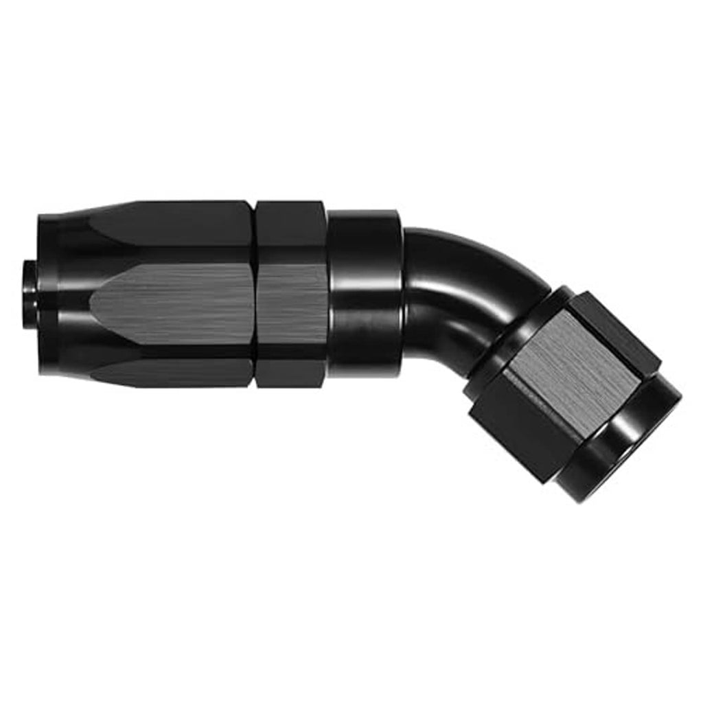 45-degree swivel AN hose end fitting with brushed texture details, black finish