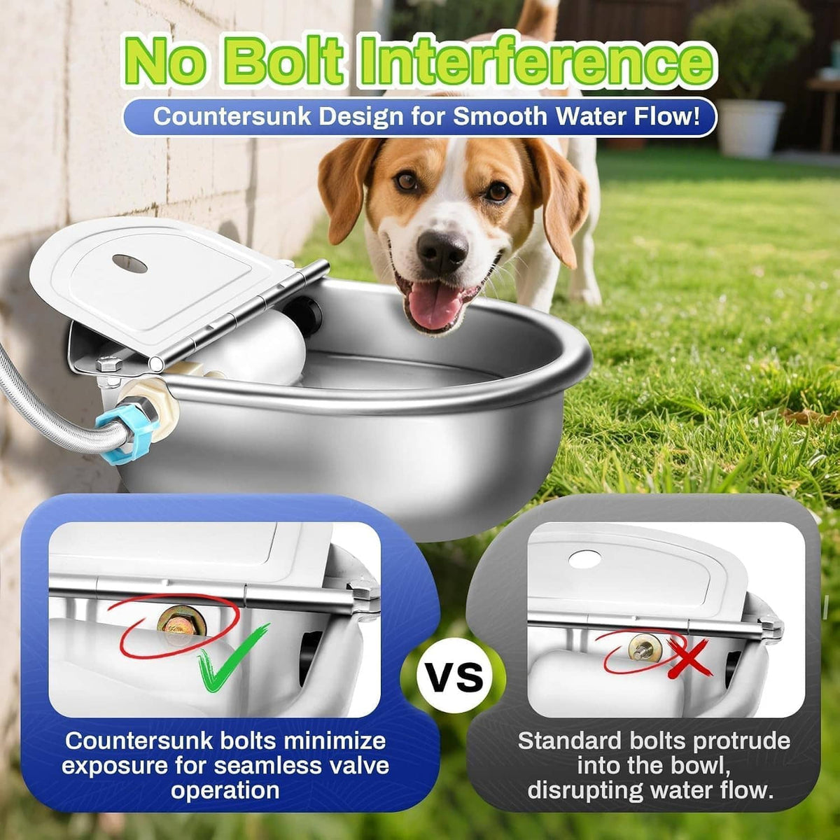 Stainless automatic pet water bowl with countersunk bolts, float valve and water pipe