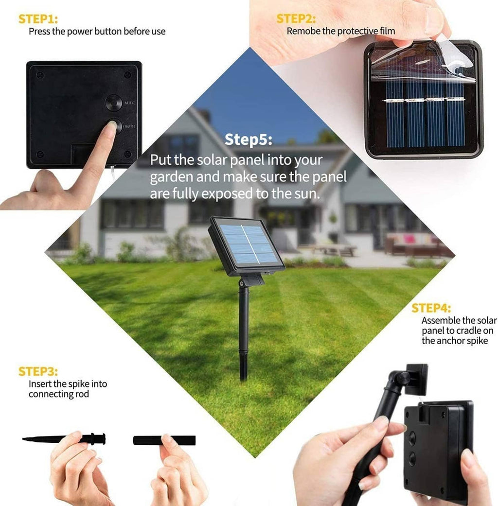 Solar string light installation: attach spike and secure solar panel for outdoor use