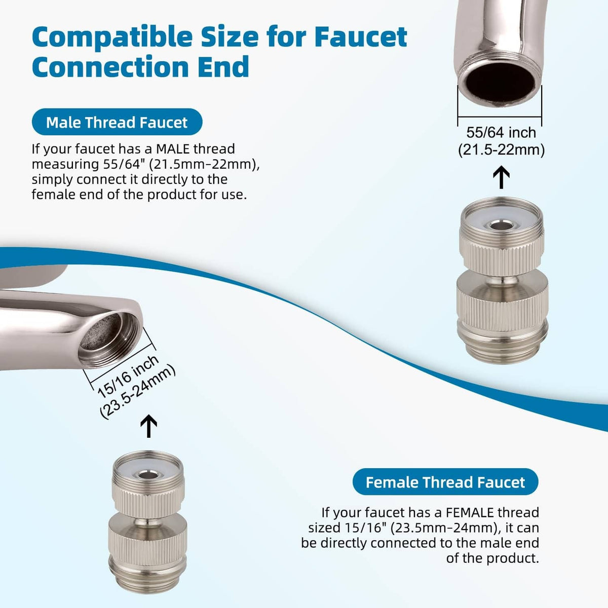Brushed nickel adapter with dual faucet thread ends for connecting to different faucets