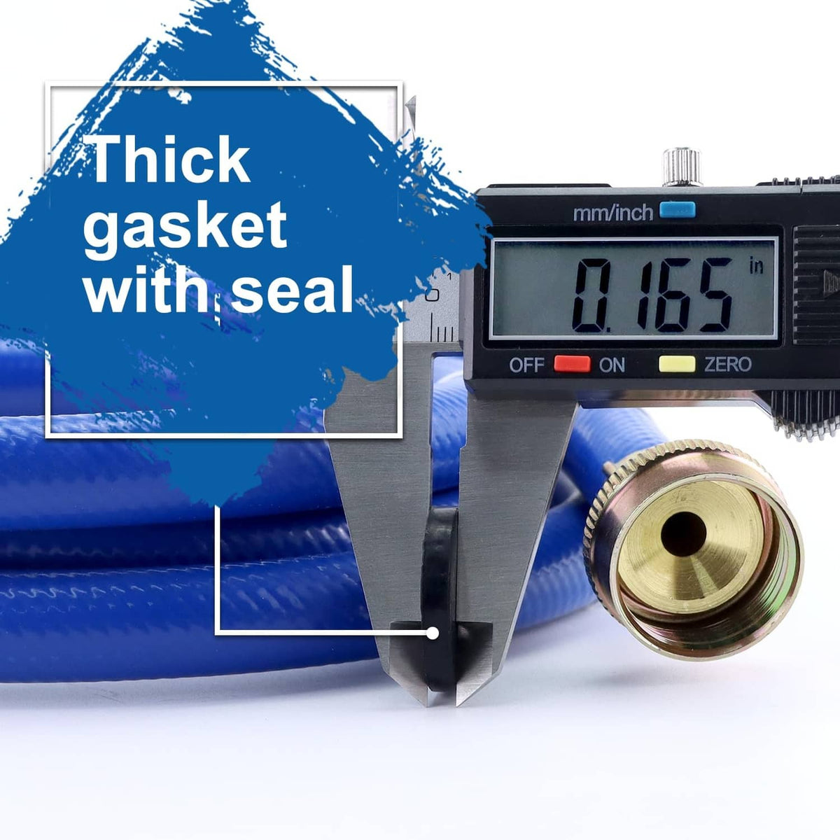 Rubber hose with brass connector and thick sealed gasket, shown with caliper