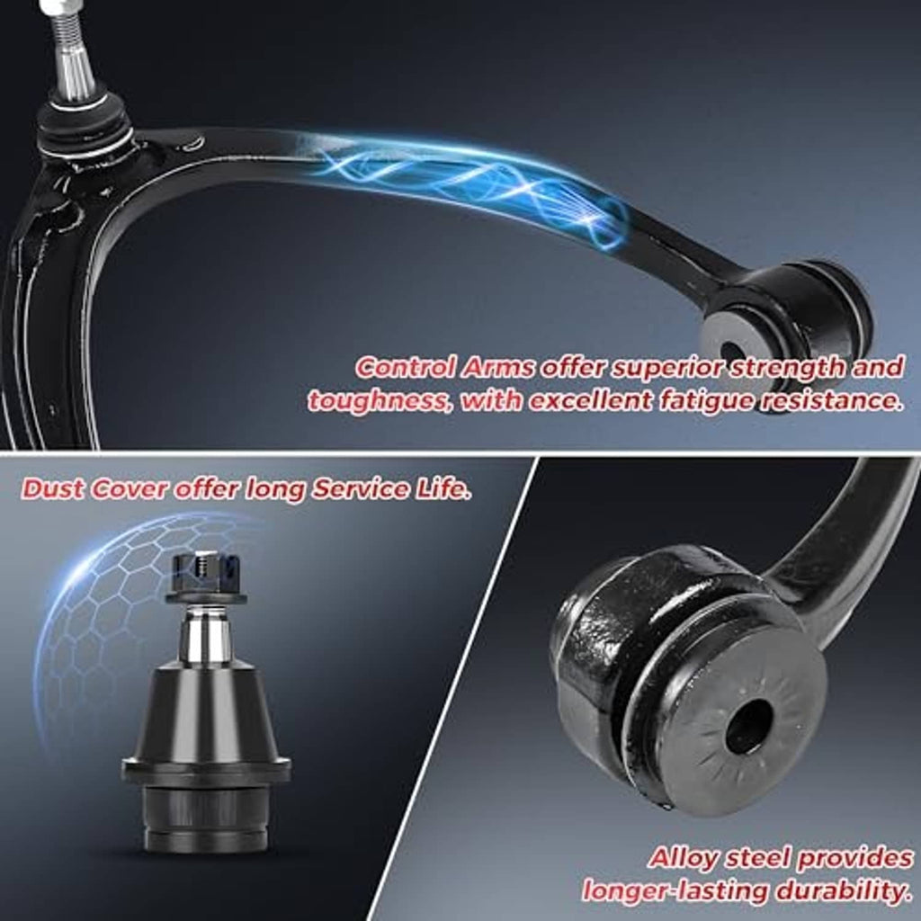 Black front control arm with ball joint boot and dust cover, close-up