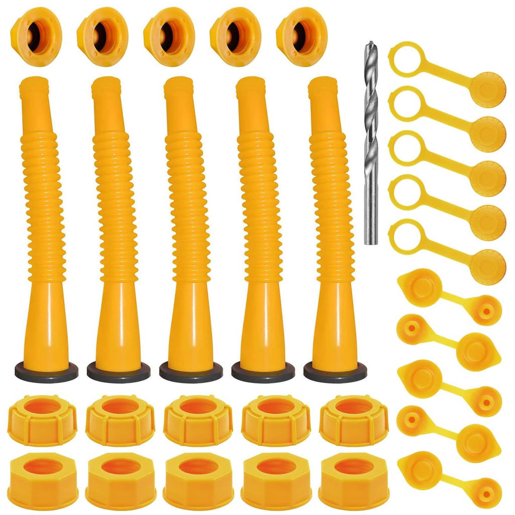 Yellow gas can spout replacement kit: 5 nozzles, caps, and drill bit set