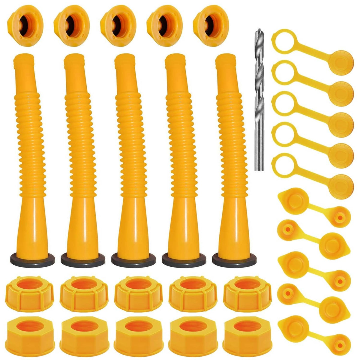 Yellow gas can spout replacement kit: 5 nozzles, caps, and drill bit set