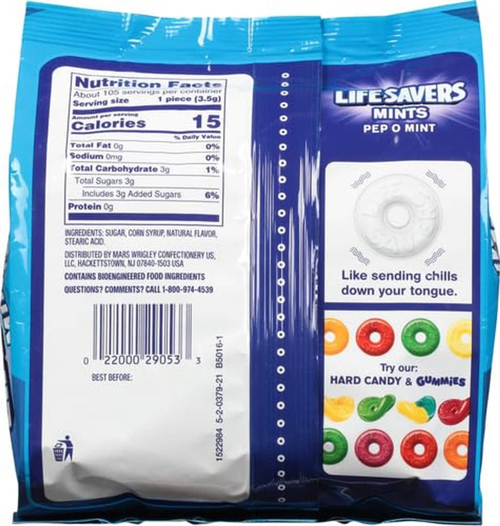Lifesavers Pep O Mint hard candy bag back panel with nutrition and ingredients.