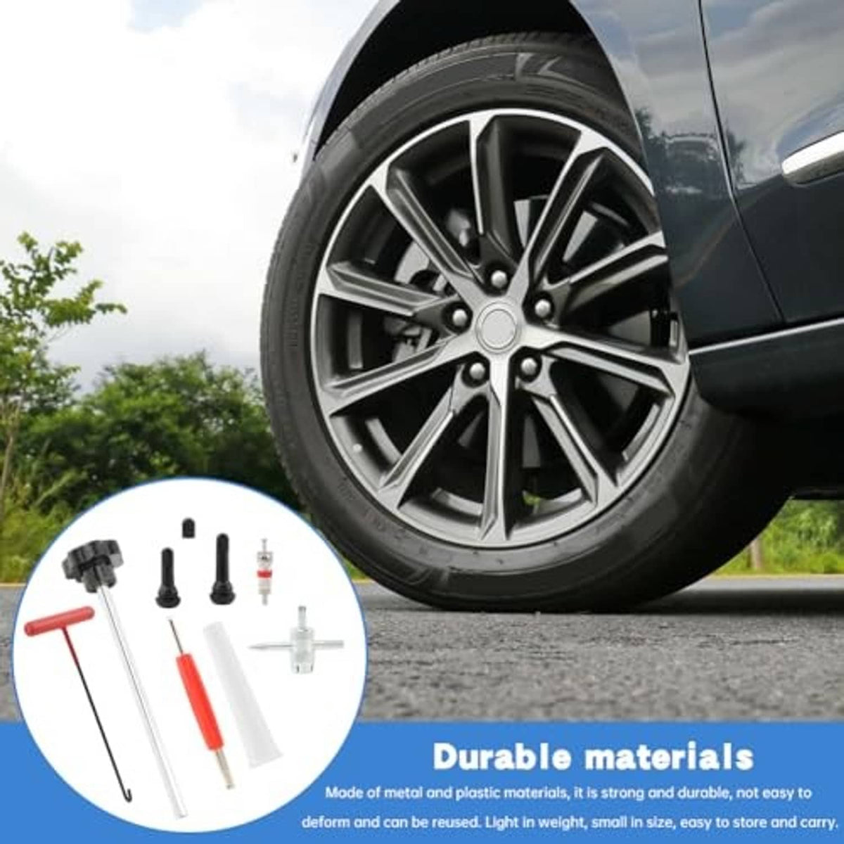Tire valve stem tool kit with metal tools, red handle, and spare valve parts shown on wheel
