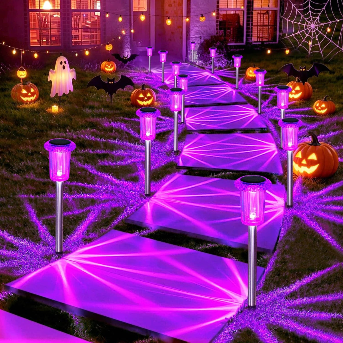 Purple solar pathway spike lights with glowing starburst pattern in a lawn garden