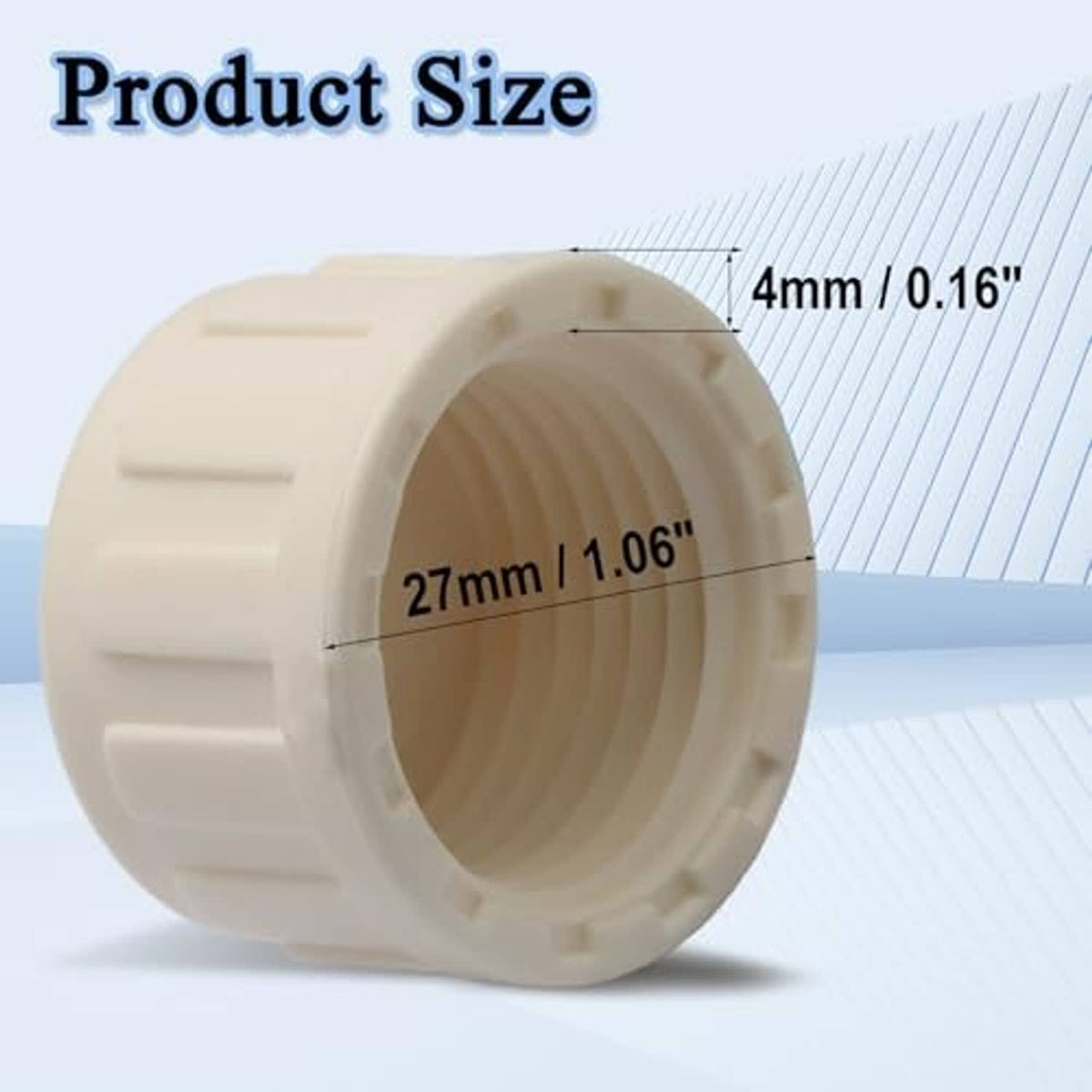 PVC sprinkler pipe cap, white cap showing open threaded inlet and ridged exterior